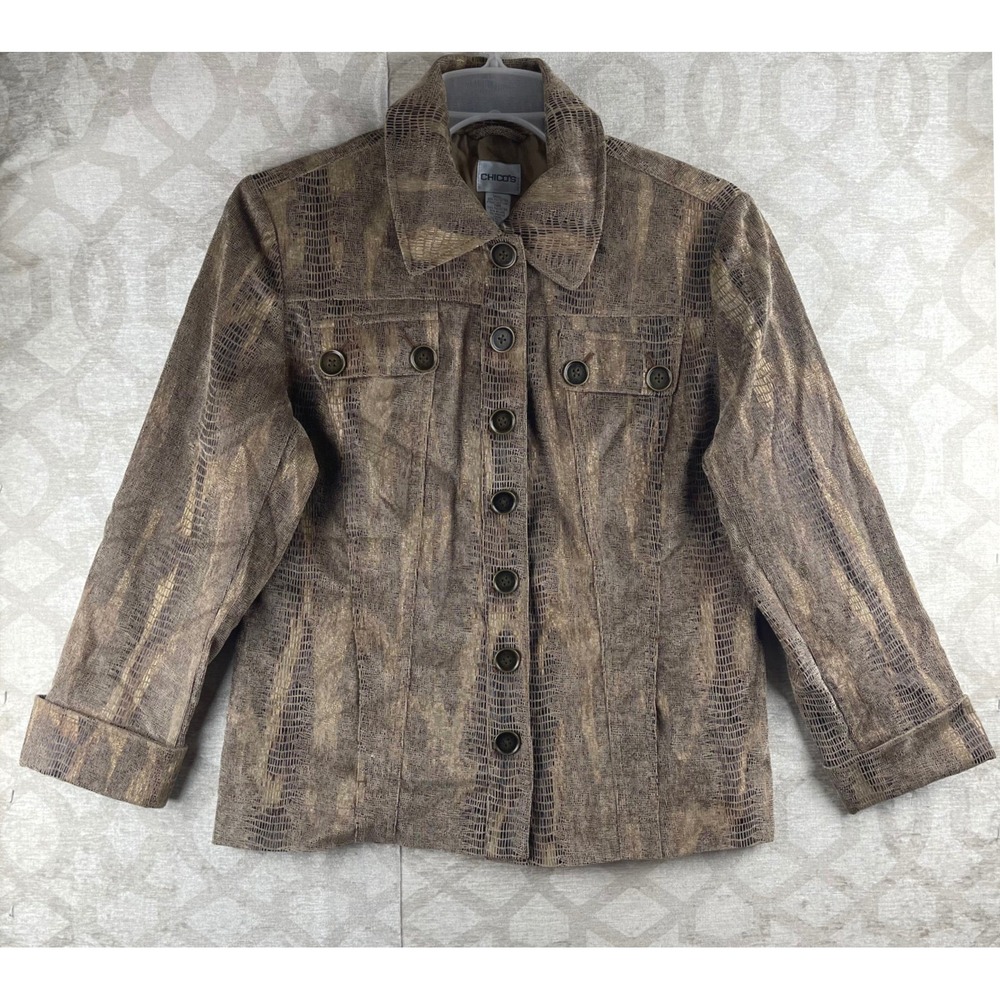 Chico's Faux Snake Skin Button Down Jacket Women Size 1 Medium Brown Excellent